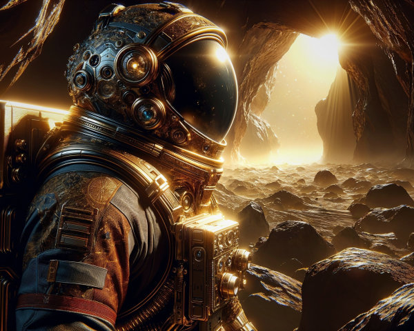 Astronaut in Vintage Spacesuit Inside Rocky Cave