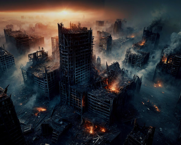 Dystopian Landscape of Charred Skyscrapers and Ruins