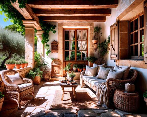 Cozy Outdoor Patio with Plush Seating and Greenery