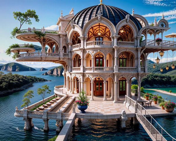 Intricately Designed Mansion by Water with Gardens