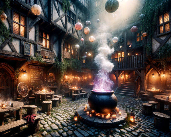 Magical Courtyard with Bubbling Cauldron and Lanterns