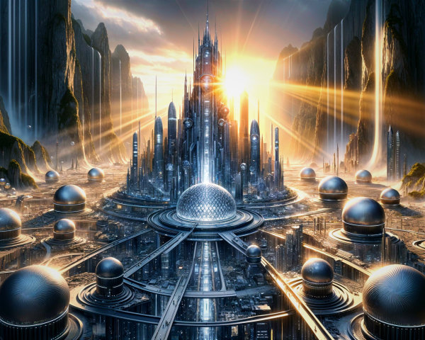 Futuristic Cityscape with Sunrise and Waterfalls