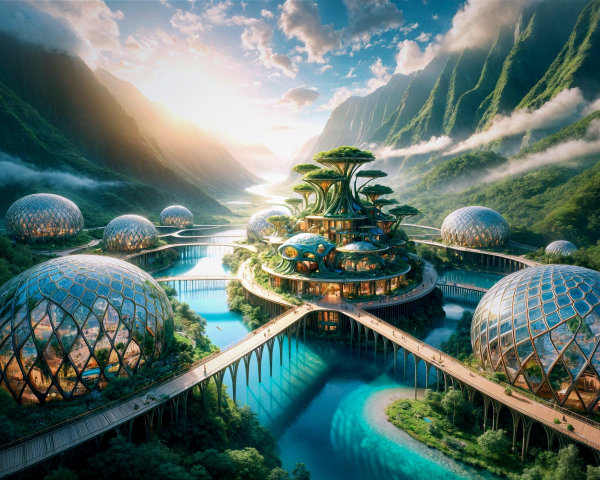Futuristic Eco-Friendly Cityscape in a Lush Valley