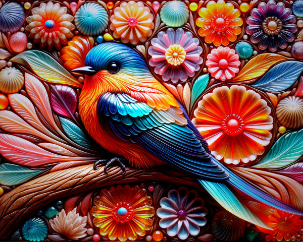 Vibrant Bird on Textured Branch with Colorful Flowers