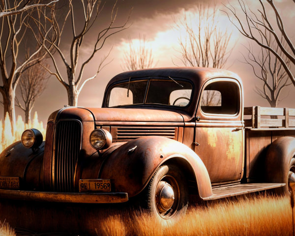Vintage Rusted Pickup Truck in Barren Landscape