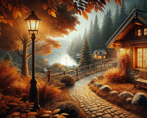 Autumn Landscape with Stone Cottage and Tranquil Lake