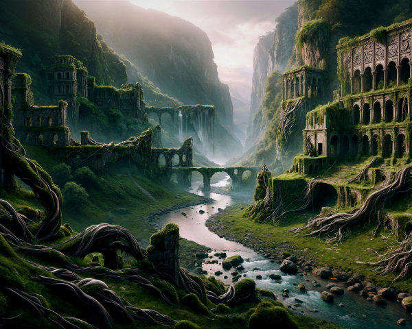 Mystical Landscape with Ancient Ruins and Lush Greenery