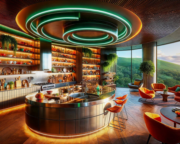 Modern Kitchen with Curved Cabinets and LED Lighting