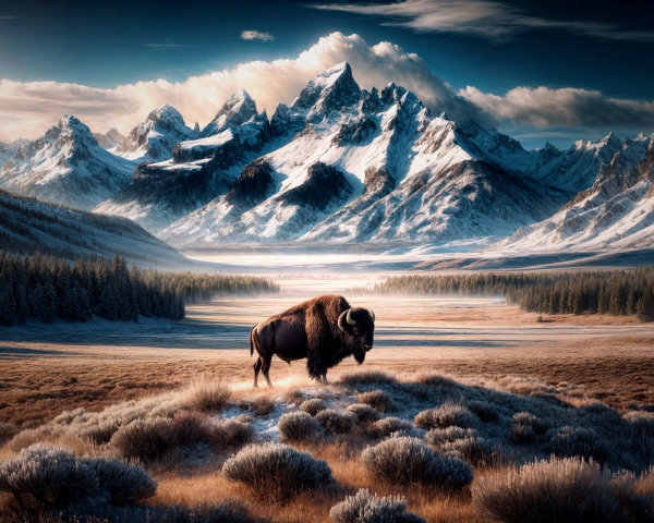 Bison in Golden Grassland with Snow-Capped Mountains