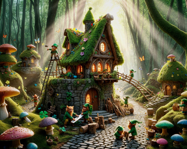 Whimsical Forest Scene with Charming Cottage and Creatures