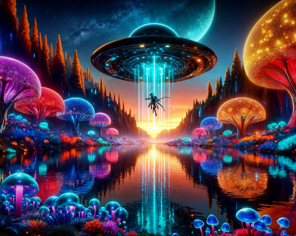 Alien Landscape with Glowing Mushrooms and UFO