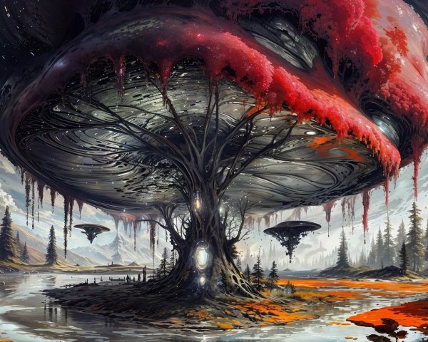 Surreal Landscape with Colossal Mushroom Structure