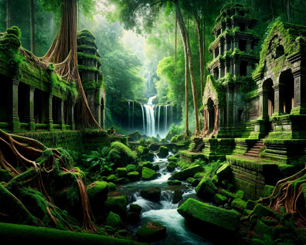 Lush Jungle Scene with Ancient Stone Ruins and Waterfall