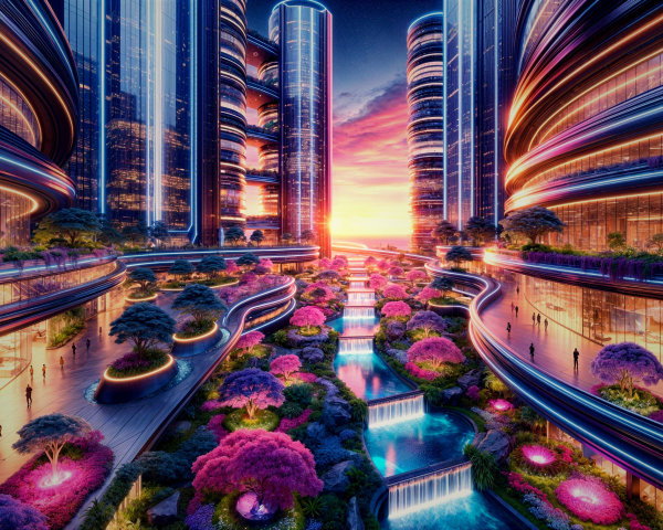 Futuristic Cityscape with Glass Skyscrapers and Greenery