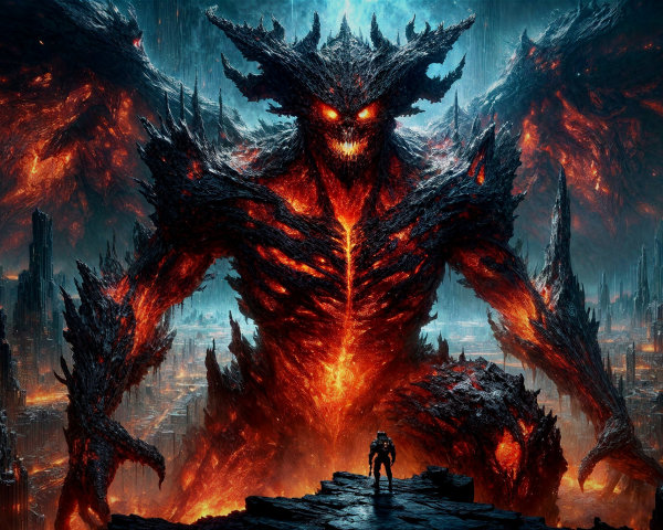 Colossal demon in fiery apocalyptic landscape