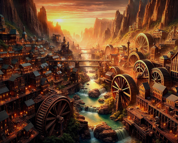 Steampunk City Between Mountains with Waterwheels
