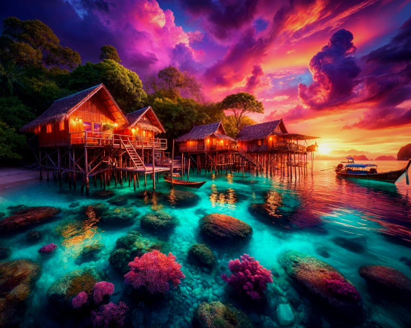 Tropical Sunset with Stilt Houses and Tranquil Waters