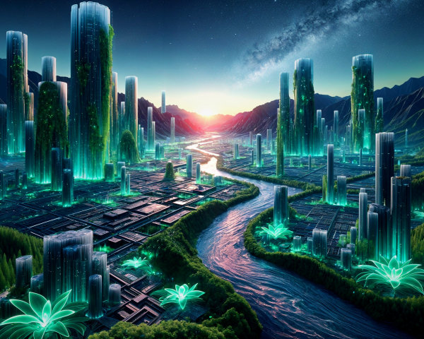 Futuristic Cityscape Surrounded by Lush Mountains