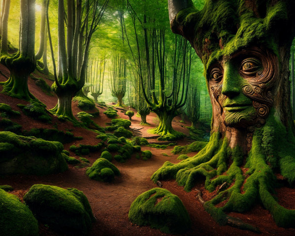 Mystical Forest with Carved Trees and Ethereal Glow