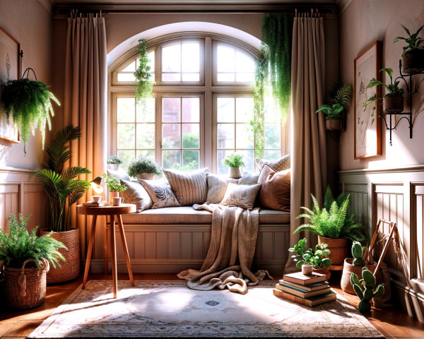 Cozy Nook with Arched Window and Lush Plants