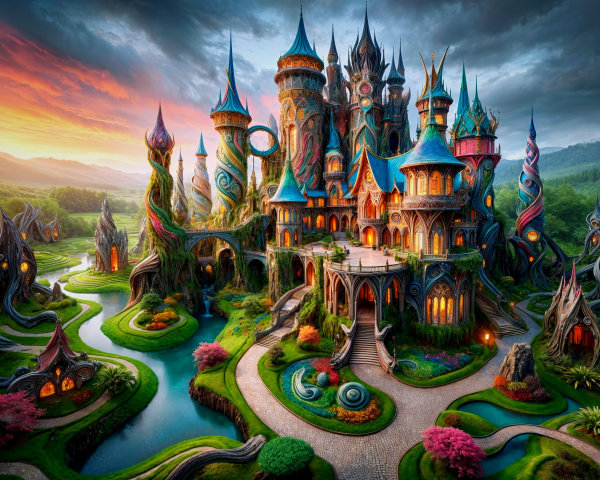 Fantastical castle amidst lush hills and vibrant gardens