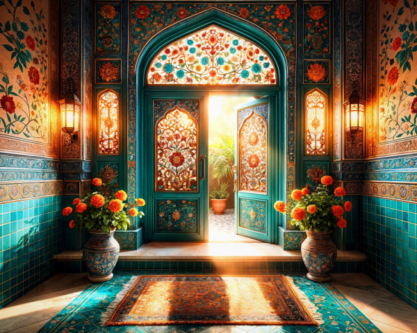 Ornate turquoise doors with stained glass and greenery