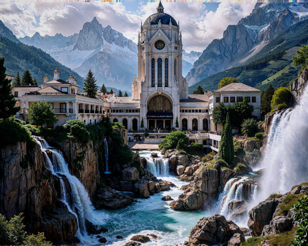 Mountain Resort with Clock Tower and Waterfalls