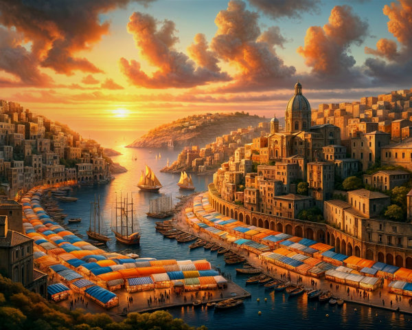 Vibrant Coastal Town at Sunset with Sailboats and Market Stalls
