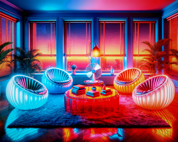 Modern Living Room with Neon Lights and City View