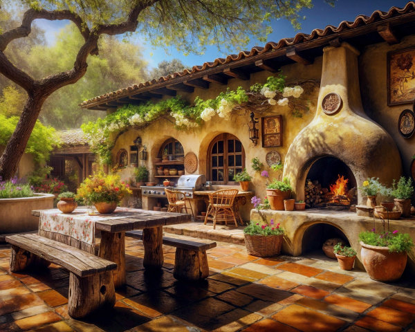 Charming Outdoor Kitchen with Rustic Features and Greenery