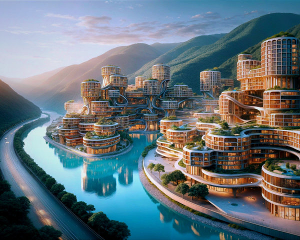 Futuristic Cityscape Amidst Mountains and River