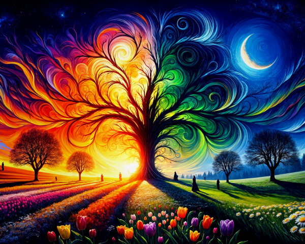 Colorful Tree Against Twilight Sky and Flower Fields