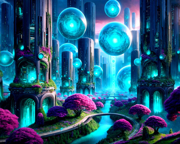 Futuristic cityscape with crystalline structures and orbs