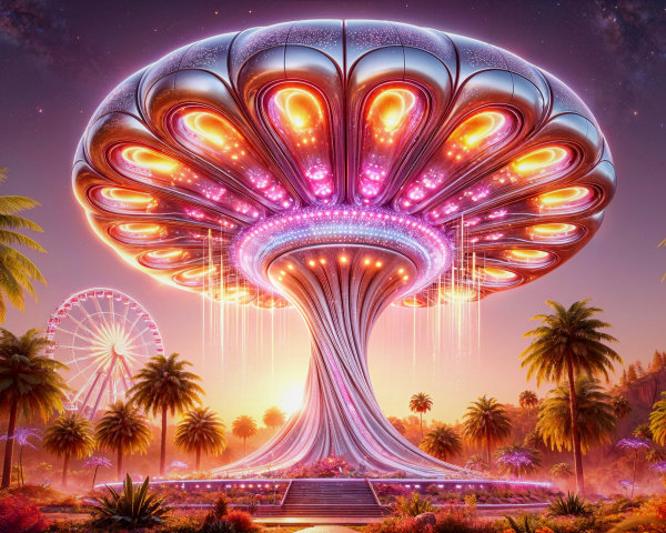 Surreal Landscape with Luminous Tree and Ferris Wheel