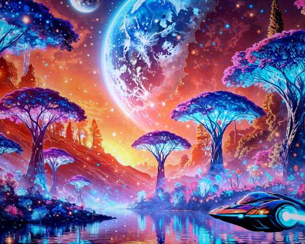 Vibrant Otherworldly Landscape with Luminescent Trees