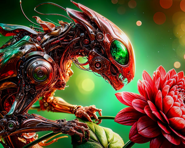 Futuristic Robot Examines Red Flower on Green Background
