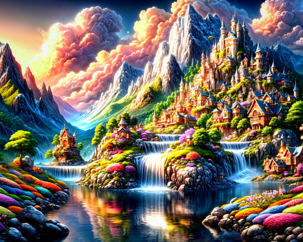 Vibrant Fantasy Landscape with Mountains and Waterfalls