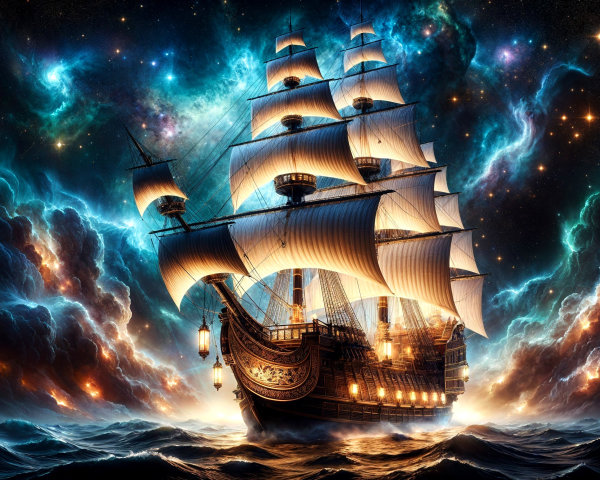 Tall Ship Sailing Through a Vibrant Cosmic Sea