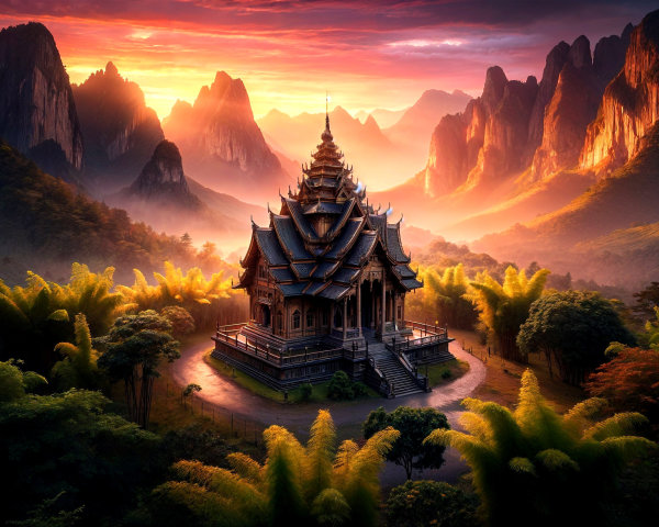 Majestic temple in vibrant landscape at sunset