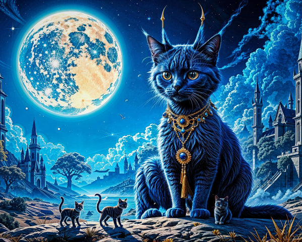 Majestic blue cat in a fantastical landscape scene