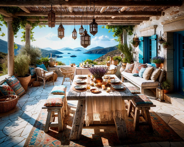 Outdoor Dining Area with Rustic Table and Scenic Views