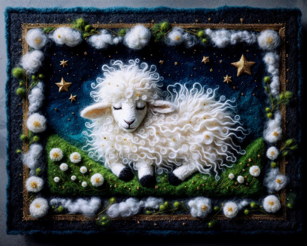 Handcrafted Wool Felt Artwork of a Sheep at Night