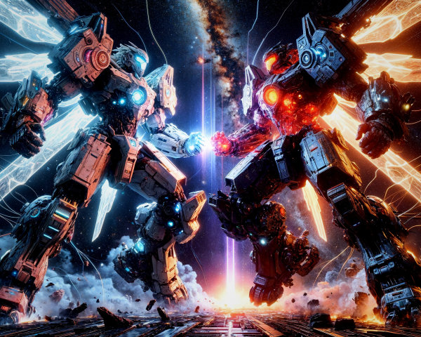 Colossal Robotic Warriors in Cosmic Battle Scene
