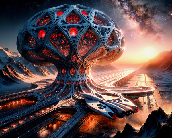 Futuristic Mushroom Structure in Mountainous Landscape