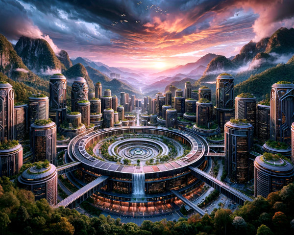 Futuristic city in mountains with greenery and waterfalls