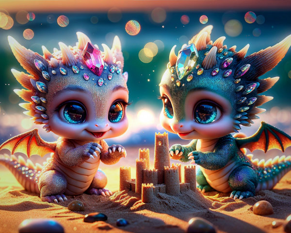Colorful baby dragons building a sandcastle on a beach