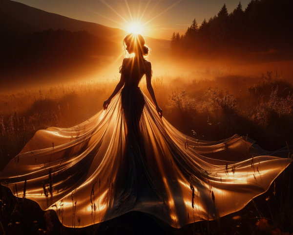 Elegant Figure in Translucent Gown at Sunrise