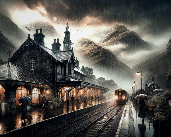 Misty Train Station with Vintage Train and Umbrellas