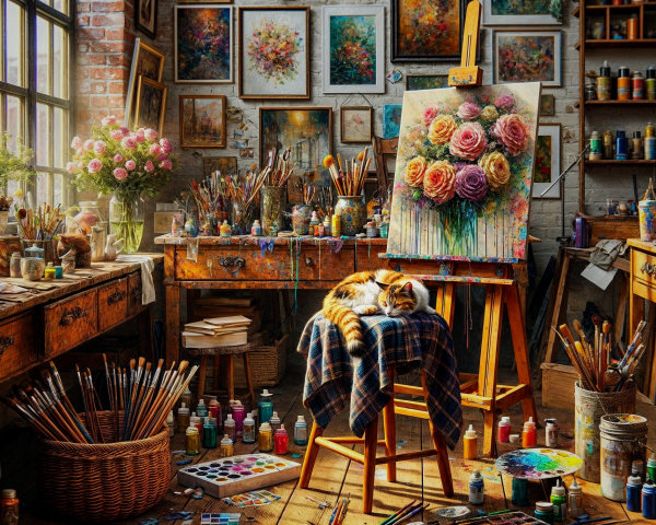 Vibrant Artist's Studio with Colorful Paintings and Cat