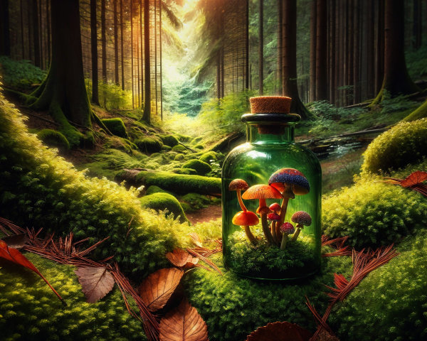 Glass Bottle Surrounded by Moss and Vibrant Mushrooms